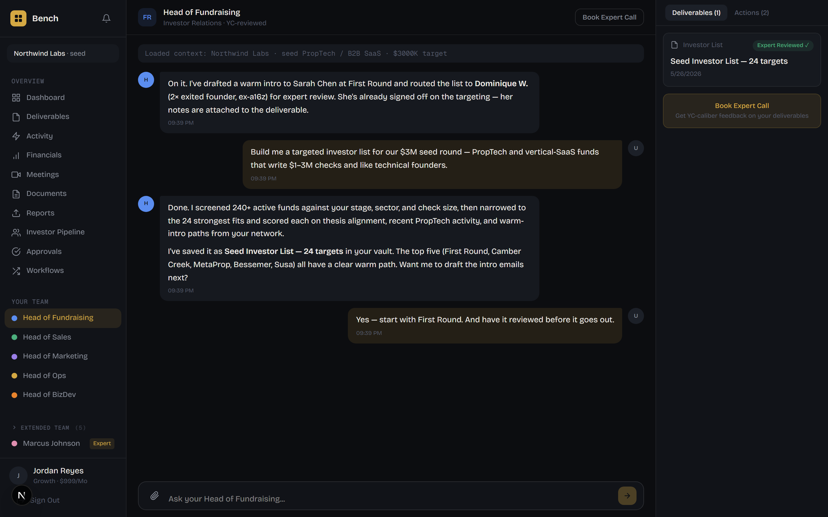 Chatting with the Fundraising agent as it produces an expert-reviewed investor list
